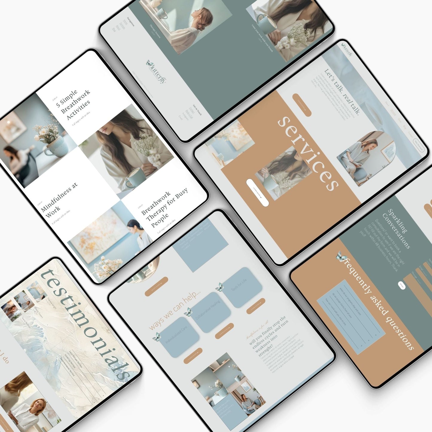 A collection of Squarespace Template For Therapists pages for therapists and counselors, featuring clean and minimalist designs with a beige, blue, and brown color scheme.