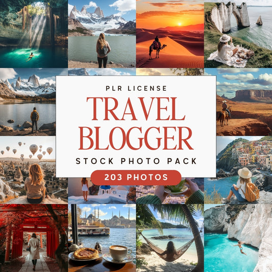 Collage of travel blogger stock photo with a text overlay for a travel blogger stock photo pack.