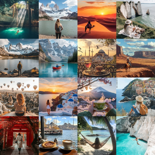 Collage of various beach and travel-themed images taken from the travel blogger stock photo pack.