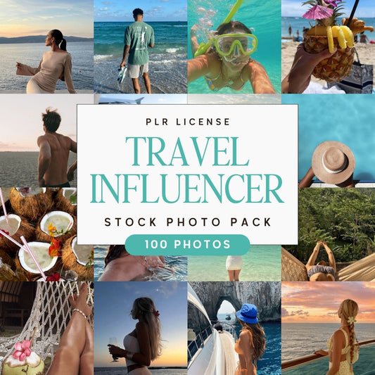 Collage of travel influencer stock photos with a text overlay for a travel influencer stock photo pack.