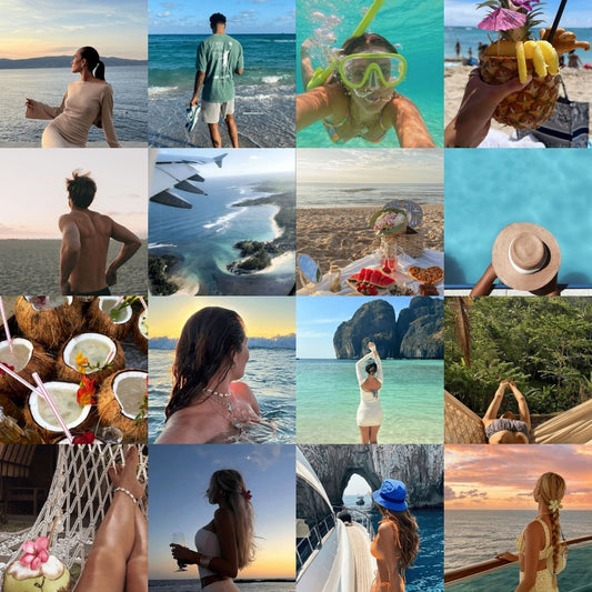 Collage of various travel influencer stock photos including people at the beach, underwater, and scenic views.