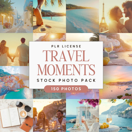 Collage of travel stock photos with a text overlay for a travel moments stock photo pack.
