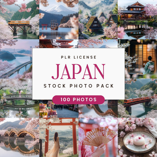 Collage of travel stock photos of Japan with text overlay for a stock photo pack.