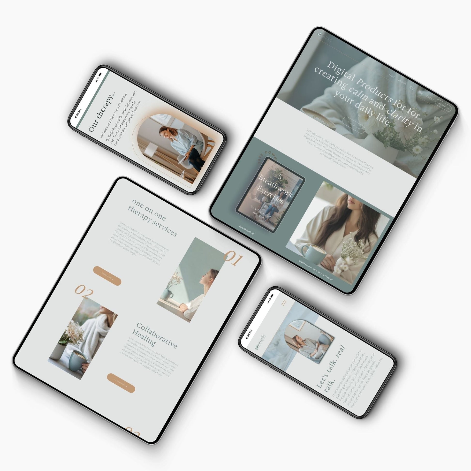 Four devices displaying Squarespace Template For Therapists pages on a white background